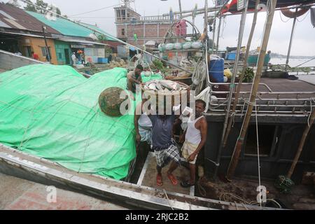 Dhaka, Bangladesh. 22 août 2023. Chandpur poissmarket le plus grand marché de gros de poissons Hilsha au Bangladesh.Hilshas pêchés dans la rivière Meghna. Chandpur, Bangladesh. 22 août 2023. Connu localement sous le nom d'Ilish, le poisson a été désigné comme le poisson national du Bangladesh. Hilsa, toujours une délicatesse particulière dans un ménage bengali est préparée de nombreuses façons différentes. On le trouve dans la baie du Bengale et Padma, Jamuna, Meghna, Karnafully et d'autres rivières côtières du Bangladesh. Photo de Habibur Rahman/ABACAPRESS.COM crédit : Abaca Press/Alamy Live News Banque D'Images