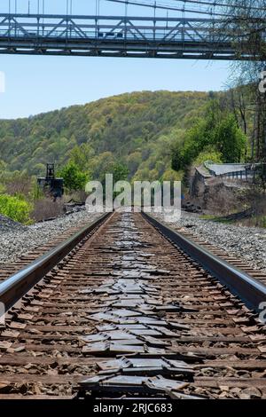 Vertical bas par la vue au sol sur les voies ferrées dans le paysage forestier vallonné avec pont suspendu en acier sur les voies ferrées et route étroite sur t Banque D'Images