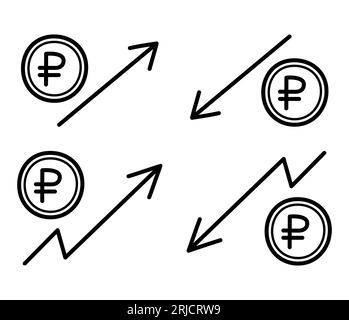 Ensemble d'illustrations de la croissance et de la chute du rouble. Monnaie nationale russe. Pièce avec le symbole rouble et flèche haut et bas. Illustration de Vecteur