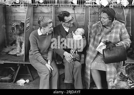 Crufts Dog Show 1960s Royaume-Uni. The Earls court, parc des expositions Olympia. Une famille avec bébé, avec des pieds étranges! Ils discutent avec le visiteur à l'exposition canine annuelle. Earls court, Londres, Angleterre février 1968. HOMER SYKES. Banque D'Images