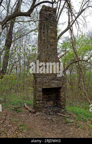 Vue rapprochée d'une vieille cheminée et cheminée encore debout Homestead longtemps disparu entouré par les arbres dans les montagnes dans le Tennessee Banque D'Images