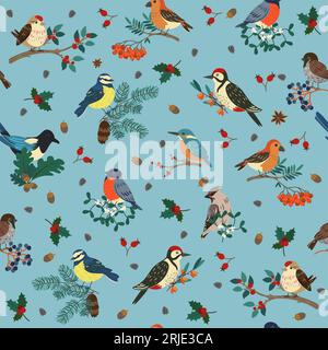 Modèle sans couture avec différents oiseaux sur les branches. Dessin de style plat de dessins animés de personnages de forêt, textile de décor, papier d'emballage, papier peint. Sparrow et Illustration de Vecteur