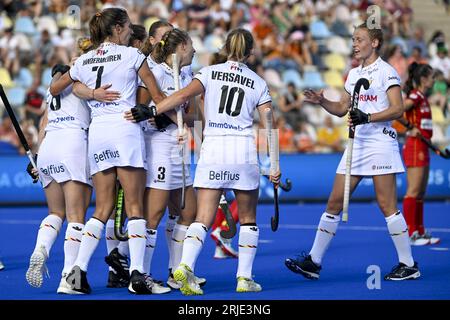 Monchengladbach, Allemagne. 22 août 2023. Les Red Panthers célèbrent après avoir marqué lors d'un match de hockey entre l'équipe nationale belge féminine de hockey les Red Panthers et l'Espagne, mardi 22 août 2023 à Monchengladbach, en Allemagne, le match 3/3 dans la phase de poule des championnats d'Europe de hockey féminin. Les championnats EuroHockey 2023 ont lieu du 18 au 27 août 2023. BELGA PHOTO DIRK WAEM crédit : Belga News Agency/Alamy Live News Banque D'Images