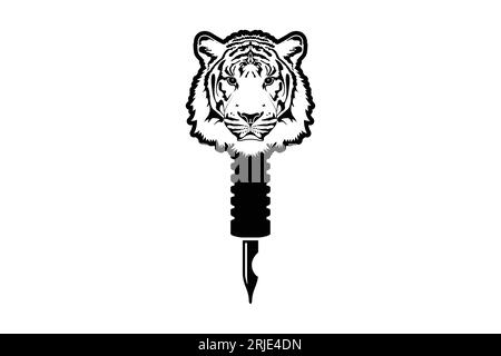 Logo de machine de tatouage de tigre , logo d'artiste de tatouage avec la conception de vecteur de symbole de tête de tigre Illustration de Vecteur