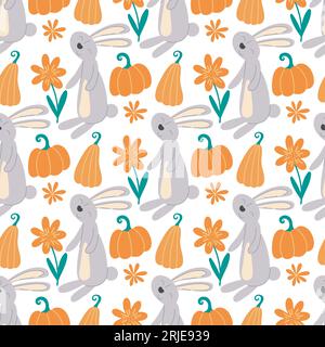 Lièvres avec des citrouilles modèle sans couture d'automne. Arrière-plan lapins mignons avec des fleurs, des herbes et des citrouilles d'automne. Impression saisonnière pour textiles, emballages Illustration de Vecteur