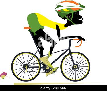 Cyclisme. Un jeune Africain fait du vélo. Dessin animé souriant homme africain dans le casque monte un vélo. Isolé sur fond blanc Illustration de Vecteur