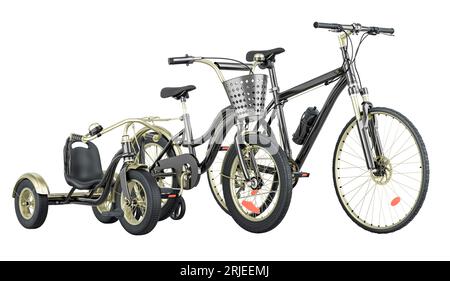 Vélo adulte noir, vélo pour enfants avec roues d'entraînement et tricycle pour enfants. Concept de vélos familiaux. Rendu 3D isolé sur fond blanc Banque D'Images