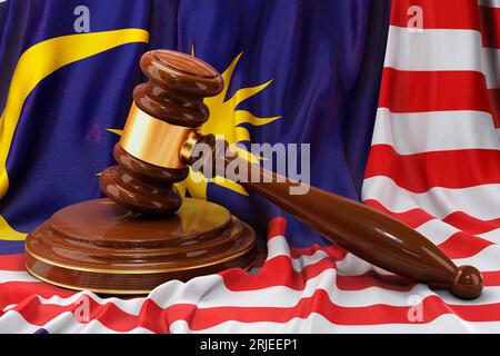 Droit malaisien et concept de justice. Marteau en bois sur drapeau de Malaisie, rendu 3D. Banque D'Images