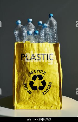 Sac avec inscription et signe de recyclage plein de bouteilles en plastique vides pour réutilisation sur la table à la lumière du soleil Banque D'Images