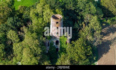 Vue aérienne de Racton Monumnent dans le West Sussex. La ruine actuelle était une tour triangulaire à tourelles multiples probablement utilisée comme tour de guet. Banque D'Images