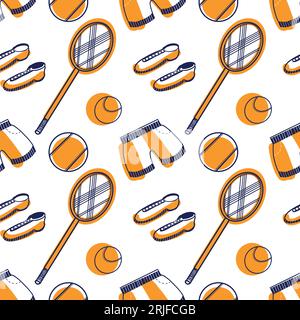 Motif vectoriel sans couture. Tennis : raquettes de tennis, baskets, balles, shorts dessinés sur la tablette en bleu foncé et orange. Convient pour l'impression sur tissu Illustration de Vecteur