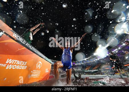 L'Italien Gianmarco Tamberi célèbre la médaille d'or au saut en hauteur masculin en participant au saut d'eau le quatrième jour des Championnats du monde d'athlétisme au Centre national d'athlétisme de Budapest, Hongrie. Date de la photo : mardi 22 août 2023. Banque D'Images