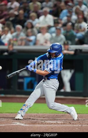 19 2023 août : le deuxième joueur d'Oklahoma City Michael Busch (15) obtient un succès lors du match avec Oklahoma City Dodgers et Salt Lake Bees qui se tient à Smiths Field à Salt Lake UT. David Seelig/Cal Sport Medi Banque D'Images
