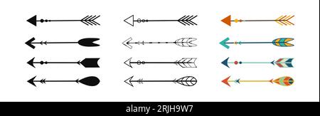 Ensemble de flèches d'anciennes tribus sauvages, Indiens, tribus africaines. Vecteur. Silhouette, contour, flèches colorées avec ornements. Équipement de chasse. Maya A. Illustration de Vecteur