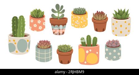 Ensemble de cactus succulents. Cactus succulent en pot, style plat de dessin animé. Ensemble de cactus isolé pour autocollants, cartes de vœux. Illustration de Vecteur