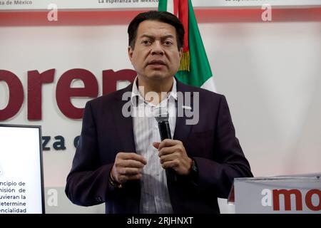 Mexico, Mexique. 22 août 2023. Le président du mouvement de régénération nationale, Mario Delgado Carrillo, lors de la conférence de presse au siège national du parti à Mexico. Le 22 août 2023 à Mexico, Mexique (crédit image : © Luis Barron/eyepix via ZUMA Press Wire) USAGE ÉDITORIAL SEULEMENT! Non destiné à UN USAGE commercial ! Banque D'Images