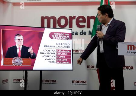 Mexico, Mexique. 22 août 2023. 22 août 2023, Mexico, Mexique : le président du mouvement de régénération nationale, Mario Delgado Carrillo, lors de la conférence de presse au siège national du parti à Mexico. Le 22 août 2023 à Mexico, Mexique (photo de Luis Barron/Eyepix Group/Sipa USA). Crédit : SIPA USA/Alamy Live News Banque D'Images