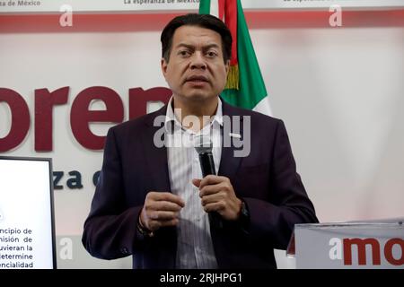 Mexico, Mexique. 22 août 2023. 22 août 2023, Mexico, Mexique : le président du mouvement de régénération nationale, Mario Delgado Carrillo, lors de la conférence de presse au siège national du parti à Mexico. Le 22 août 2023 à Mexico, Mexique (photo de Luis Barron/Eyepix Group). Crédit : EYEPIX Group/Alamy Live News Banque D'Images