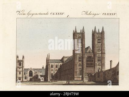 Vue sur l'abbaye de Westminster et St. Margaret's Church, Londres. Construite en 616 par le roi anglo-saxon Sebert, détruite par les Danois, reconstruite par Guillaume le Conquérant après 1066, et agrandie par Henri VIII, les deux tours gothiques ont été ajoutées par Sir Christopher Wren.gravure sur cuivre coloriée à la main de Carl Bertuch fourrure Kinder (Livre d'images pour enfants), Weimar, 1813. Une encyclopédie pour enfants en 12 volumes illustrée de près de 1 200 planches gravées sur l'histoire naturelle, la science, le costume, la mythologie, etc., publié de 1790 à 1830. Banque D'Images