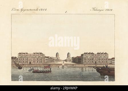 Vue de l'hôpital de Greenwich depuis la Tamise, Londres. Maison pour les marins retraités de la Royal Navy de 1692 à 1869 conçue par les architectes Sir Christopher Wren et Nicholas Hawksmoor. L'Hopital de Greenwich. Gravure sur cuivre colorée à la main de Carl Bertuch's Bilderbuch fur Kinder (Livre d'images pour enfants), Weimar, 1813. Une encyclopédie pour enfants en 12 volumes illustrée de près de 1 200 planches gravées sur l'histoire naturelle, la science, le costume, la mythologie, etc., publié de 1790 à 1830. Banque D'Images