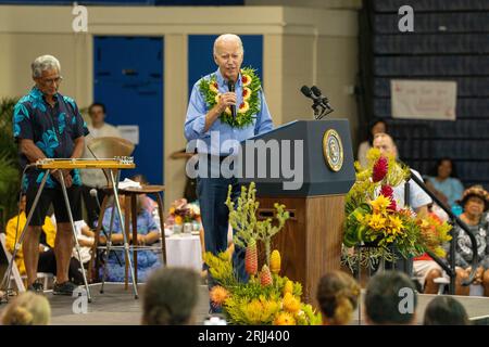 Maui, Hawaï (21 août 2023) - le président Biden s'exprime au centre civique de Maui après les feux de forêt d'Hawaï. Banque D'Images