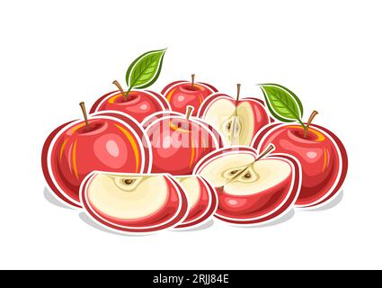 Logo vectoriel pour pommes rouges, affiche horizontale décorative avec illustration de contour de la composition fruitée de pomme rouge, impression de fruits avec section transversale cho Illustration de Vecteur