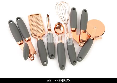 Ensemble d'outils de cuisine sur fond blanc Banque D'Images