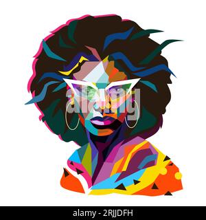 Portrait Fashion Femme afro-américaine. Avatar de femme dans les lunettes de soleil à la mode moderne et tenue de mode, coiffure frisée afro. Portrait vectoriel de styl Illustration de Vecteur