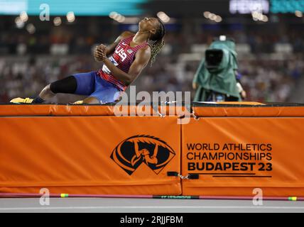 Budapest, Hongrie. 22 août 2023. JuVaughn Harrison des États-Unis réagit lors de la finale masculine de saut en hauteur des Championnats du monde d'athlétisme Budapest 2023 à Budapest, Hongrie, le 22 août 2023. Crédit : Wang Lili/Xinhua/Alamy Live News Banque D'Images