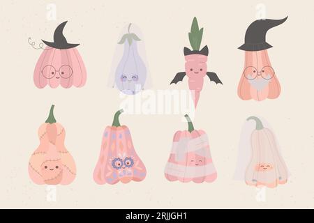 Joyeux halloween mignon personnages de citrouille en chauve-souris , zombie, costume fantôme pour carte, autocollants. Illustration vectorielle pour enfants pour la fête. Illustration de Vecteur