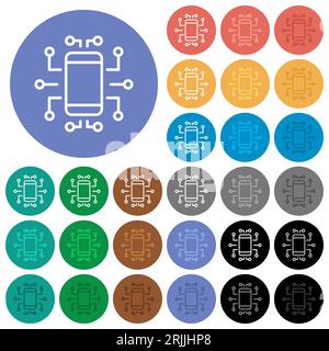 Contour de périphérique intégré icônes plates multicolores sur arrière-plans ronds. Inclus des variations d'icônes blanches, claires et sombres pour le survol et l'effet d'état actif Illustration de Vecteur