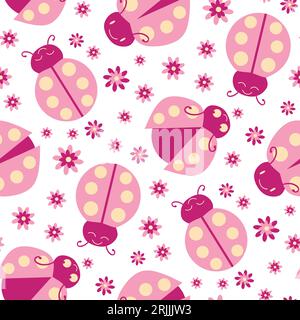 Mignon coccinelles roses et fleurs fond de motif vectoriel sans couture. Personnages de coccinelle en carton Kawaii avec de jolies fleurs sur fond blanc. Éparpillé Illustration de Vecteur