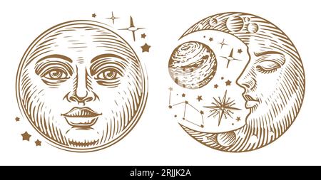 Croissant, lune avec visage et étoiles. Signe magique ésotérique et occulte. Astrologie gravure vecteur illustration vintage Illustration de Vecteur