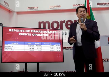 Non exclusive : 22 août 2023, Mexico, Mexique : le président du mouvement de régénération nationale, Mario Delgado Carrillo à la co de presse Banque D'Images