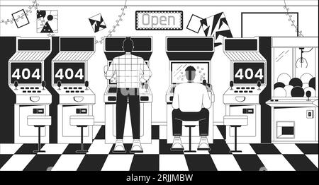 Homme jouant arcade noir blanc erreur 404 message flash Illustration de Vecteur