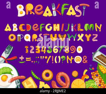 Police de nourriture de petit déjeuner de dessin animé, type sain, police de caractères de déjeuner, alphabet anglais appétissant. Typographie vectorielle abc avec des lettres et des chiffres de bacon, oeufs Illustration de Vecteur