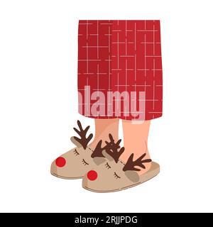 Jambes en pyjama rouge avec des chaussons chauds. Illustration de Vecteur