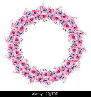 Couronne avec des fleurs roses et bleues, des feuilles vertes et des branches dans le style aquarelle vintage. Cadre de cercle vectoriel Illustration de Vecteur