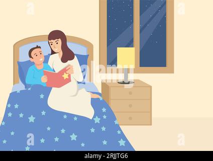 Illustration vectorielle simple et plate d'une mère lisant un livre à son enfant avant le sommeil. Histoire du lit Illustration de Vecteur