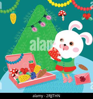Mignon lapin de dessin animé avec arbre de Noël et cadeaux. Illustration vectorielle. Illustration de Vecteur