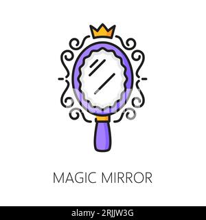 Sorcellerie miroir magique et icône magique, signe mystère. Vecteur isolé objet enchantée linéaire avec des propriétés mystiques, révélant des vérités cachées et gran Illustration de Vecteur