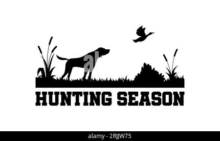 Icône de chasse, silhouettes de chien de chasse et de canard pour la saison ouverte et badge vecteur club de chasseur. Emblème du club de chasseurs pour la saison de chasse des animaux sauvages avec chien Illustration de Vecteur