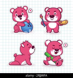 Ensemble de mignons ours en peluche rose dans différentes poses. Illustration vectorielle. Illustration de Vecteur