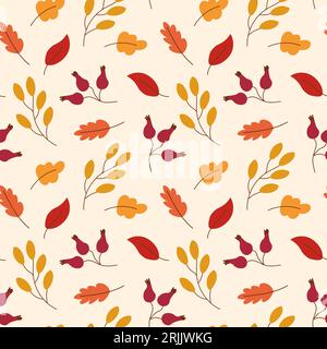 Modèle d'automne vectoriel sans couture avec des baies et des branches, des feuilles. Fond floral coloré d'automne. Élégant motif floral sans couture pour le tissu, la texture Illustration de Vecteur