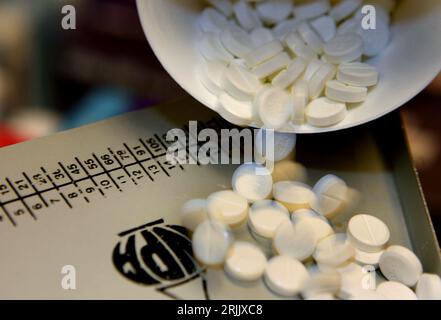 Photo de dossier datée du 16/11/2006 de comprimés en train d'être mesurés dans une pharmacie de grande rue. Les ordonnances de Valium données à des centaines de personnes à travers l'Angleterre avec des dépendances à la drogue et à l'alcool doivent être examinées après une enquête. Un rapport du gouvernement local et de l'Ombudsman de la protection sociale a révélé que la société de soins de santé change Grow Live (CGL), au nom du Conseil du comté de Cambridgeshire, avait prescrit des benzodiazépines à des gens à long terme. Cela n'était pas conforme aux directives nationales ou à la politique de prescription de CGL. Date de publication : mercredi 23 août 2023. Banque D'Images