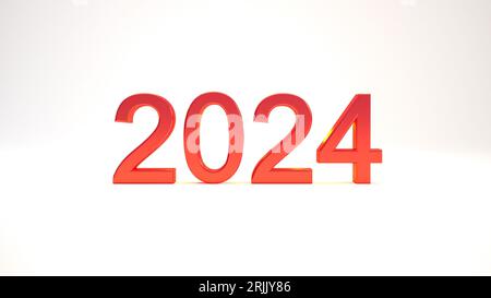 Texte 2024 3D rouge isolé sur fond blanc, rendu 3D de concept de fond de bonne année. Banque D'Images