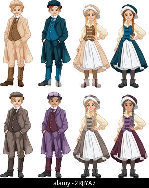 Un groupe d'hommes et de femmes portant des robes vintage Gatsby dans un style d'illustration de dessin animé vectoriel Illustration de Vecteur