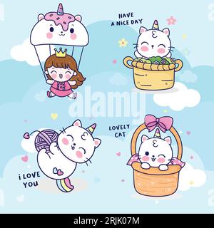 Set of cute cartoon unicorns in a basket. Vector illustration Stock Vector