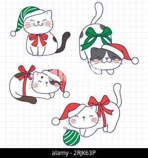 Ensemble de chats de dessins animés mignons dans des chapeaux. Illustration vectorielle dessinée à la main. Illustration de Vecteur