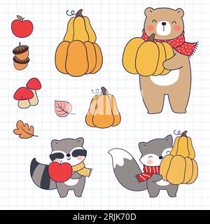 Vector Set de ratons laveurs mignons dessinés à la main, citrouilles, feuilles d'automne, glands et glands. Illustration de Vecteur